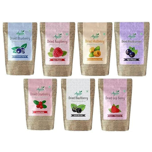 Agile Organic Dried Berries Combo 7-in-1 | Cranberry, Blueberry, Goji, Blackberry, Raspberry, Mulberry & Black Currant – 350 g (50 g × 7) Agile Organic