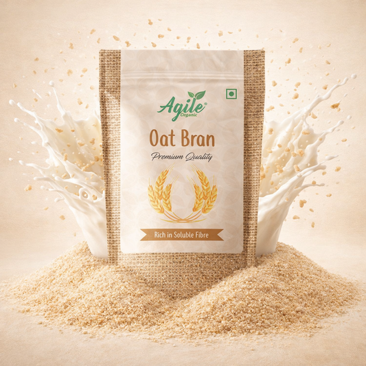 Bag of Agile Oat Bran with oat flakes and milk in the background