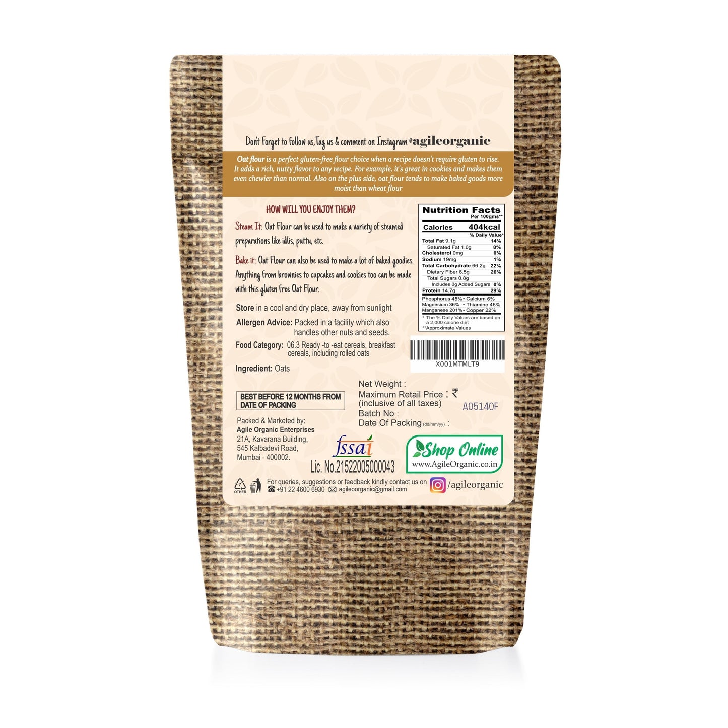 Agile Organic® Oat flour Agile Organic