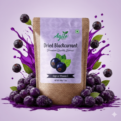 Agile Dried Blackcurrant packaging with blackcurrants around on a purple background