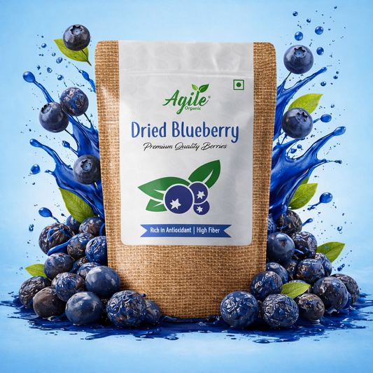 Bag of Agile Organic dried blueberries with blueberries around on a blue background
