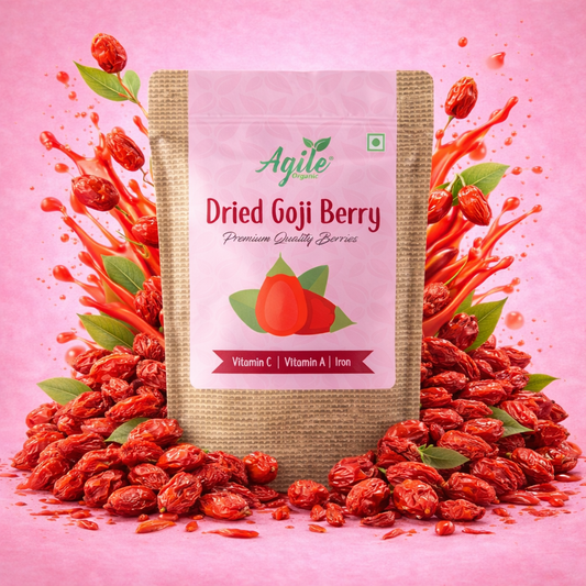 Bag of Agile Dried Goji Berry on a pink background with goji berries and leaves.
