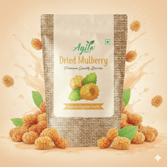 Packaging of Ajile Dried Mulberry with mulberries around on a beige background