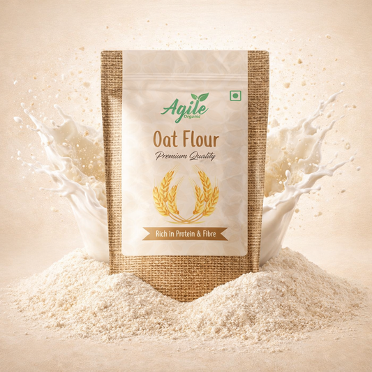 Bag of Agile Oat Flour with oat flour around on a beige background