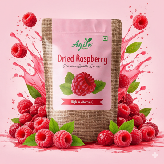 Agile Dried Raspberry packaging with raspberries and a pink background