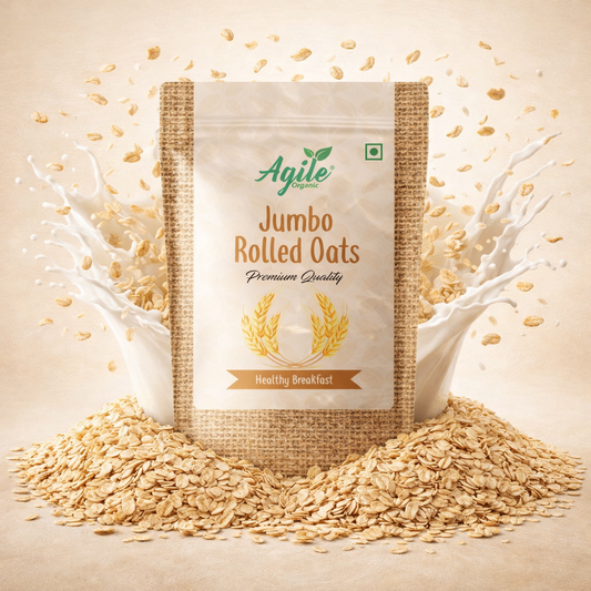 Package of Agile Jumbo Rolled Oats with oats and milk in the background