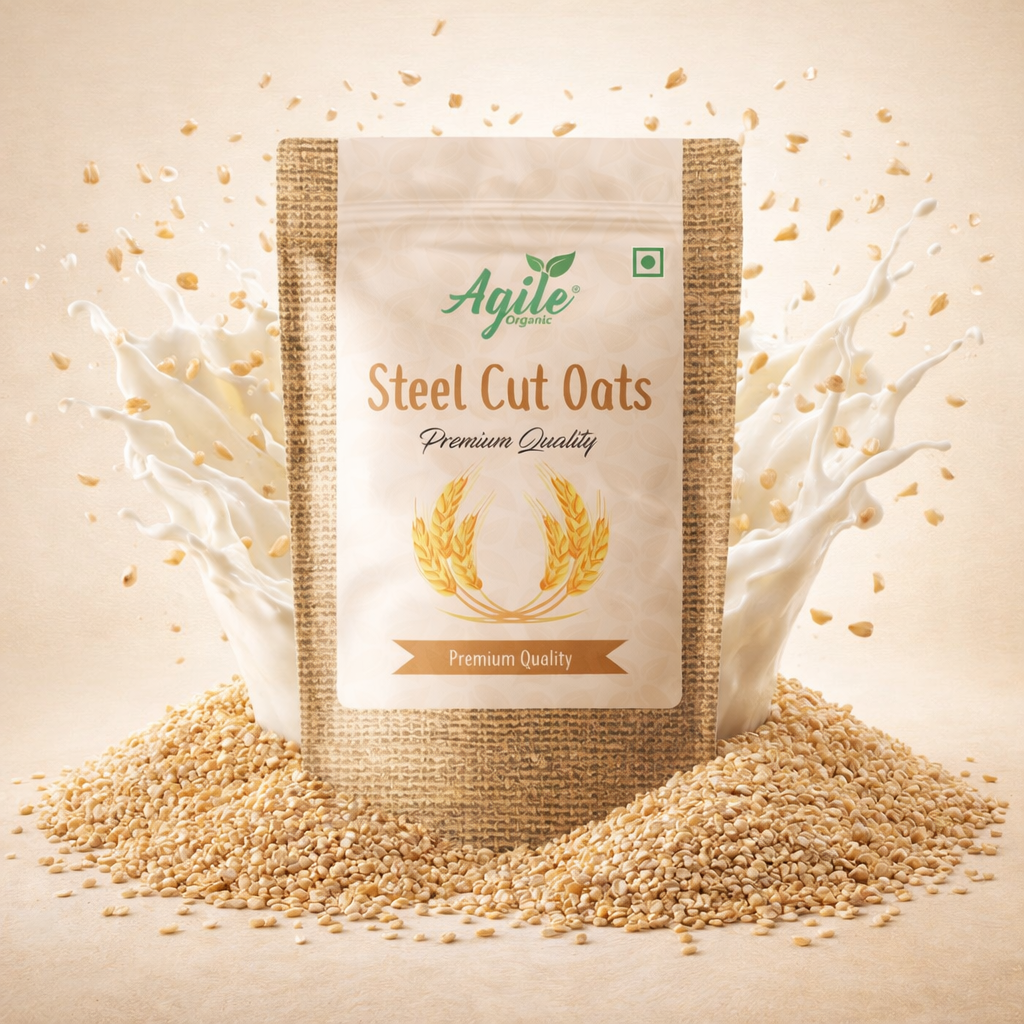 Bag of Agile Steel Cut Oats with oats and milk in the background